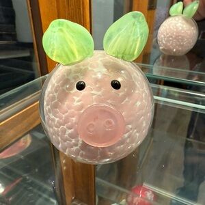 Pink Art Glass Pig Figurine / Paperweight w/ Green Ears